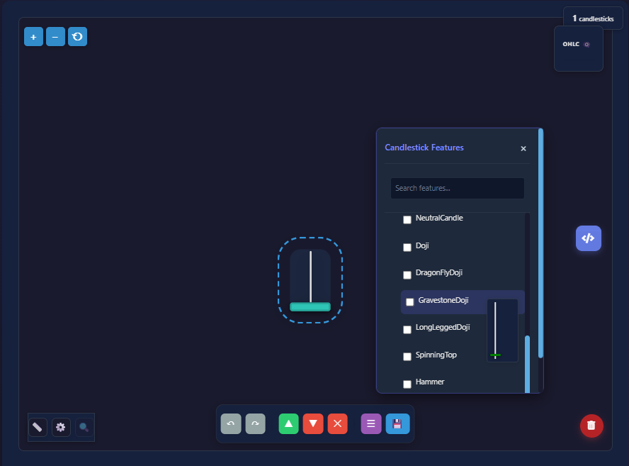 Candlestick builder features overview showing advanced pattern customization and configuration options
